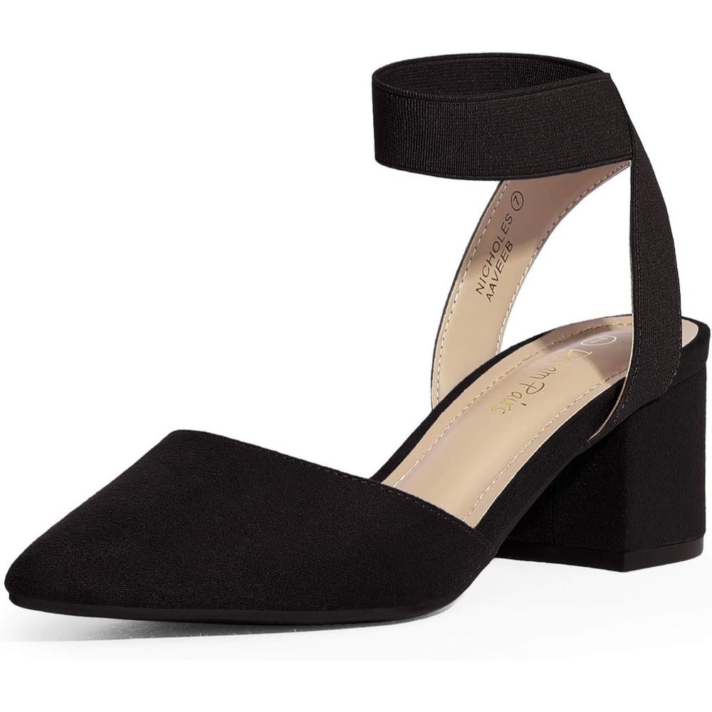 Pointed Toe Low Chunky Heels Pump Black Suede-n Adjustable Buckle Shoes